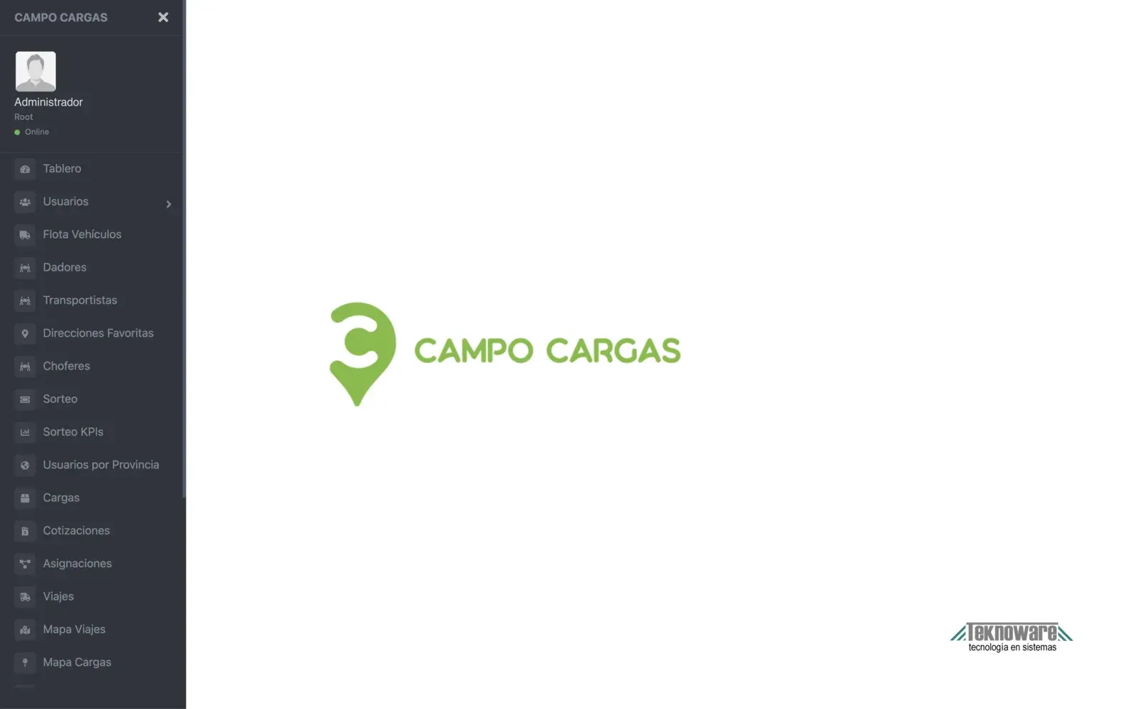 Backoffice de administración de Campo Cargas con el menú: usuarios, flota, dadores, transportistas, choferes, cargas, cotizaciones, asignaciones, viajes y mapas