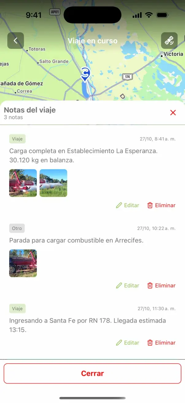 Notas del viaje con fotos: carga completa en balanza, parada para cargar combustible y llegada estimada