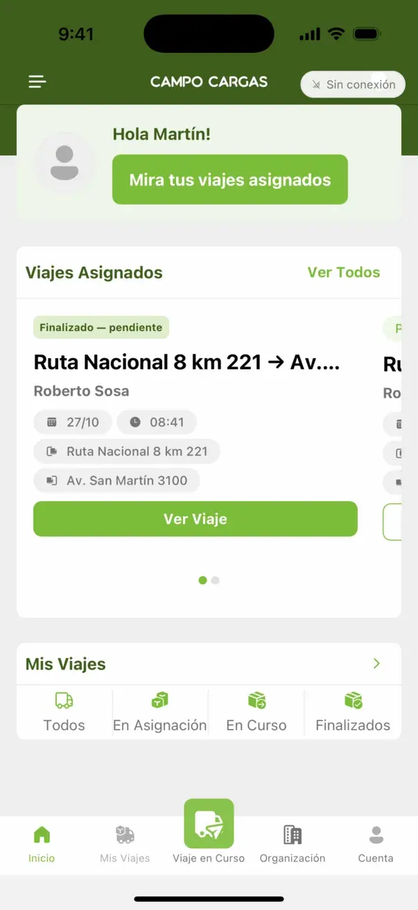 Inicio del chofer con el aviso de sin conexión y un viaje finalizado pendiente de sincronización
