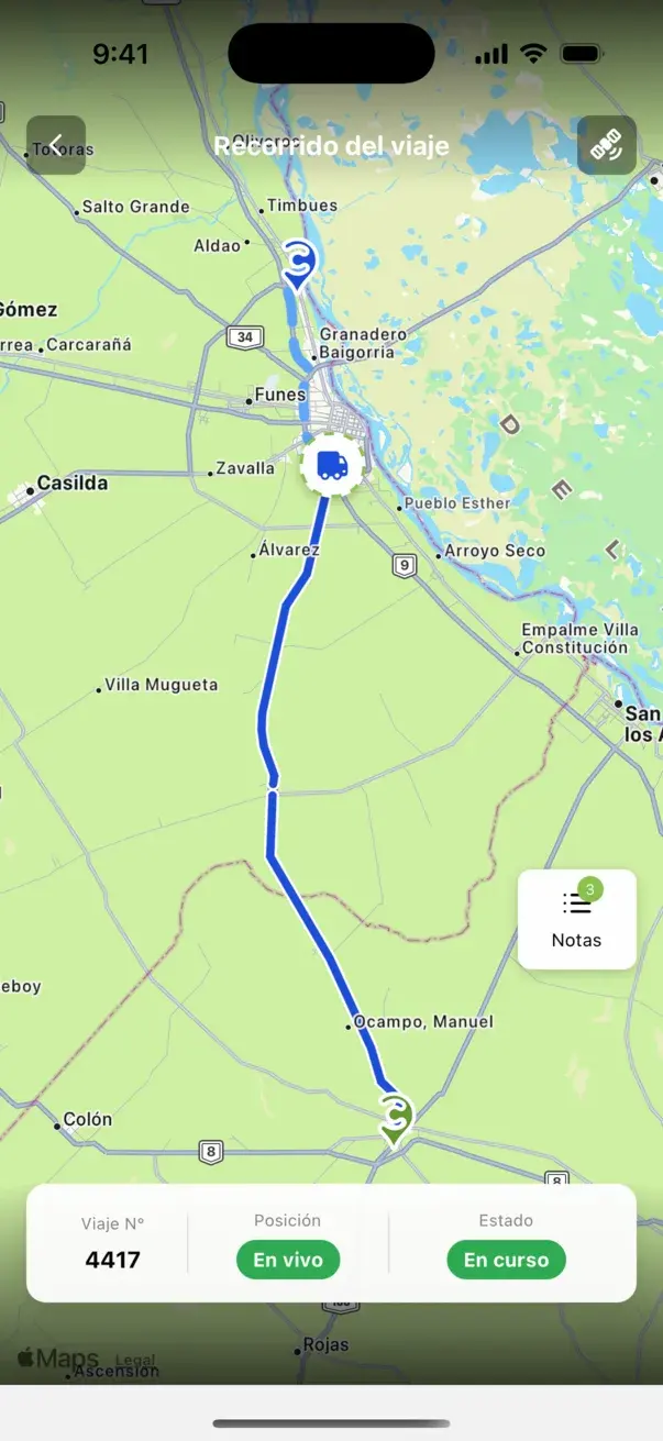 App del dador: recorrido del viaje 4417 en el mapa, con el camión en vivo y el estado en curso
