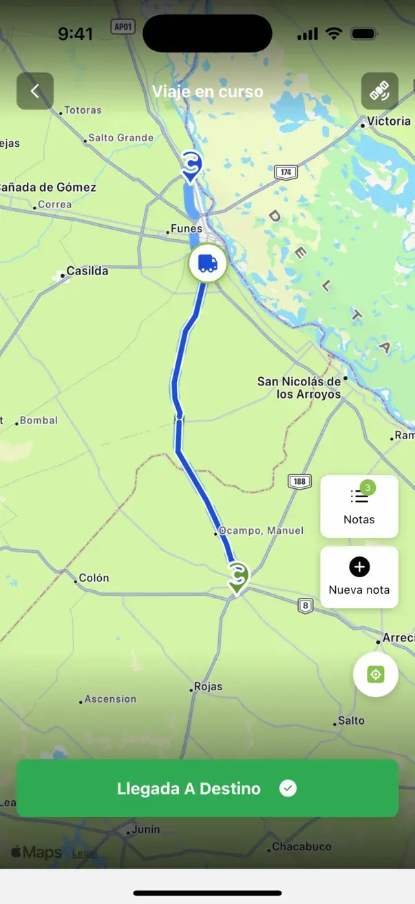 App del chofer: mapa del viaje en curso con la ruta de Pergamino a San Lorenzo, el camión cerca de Rosario y el botón de llegada a destino