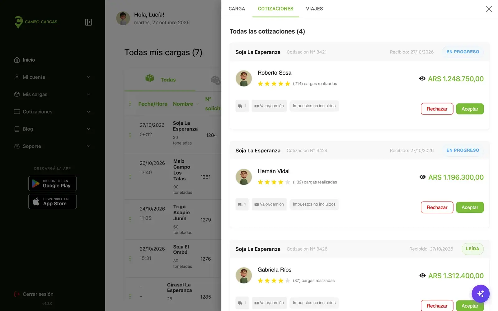 Cuatro cotizaciones de transportistas para una carga de soja, con precio, reputación y botones para aceptar o rechazar