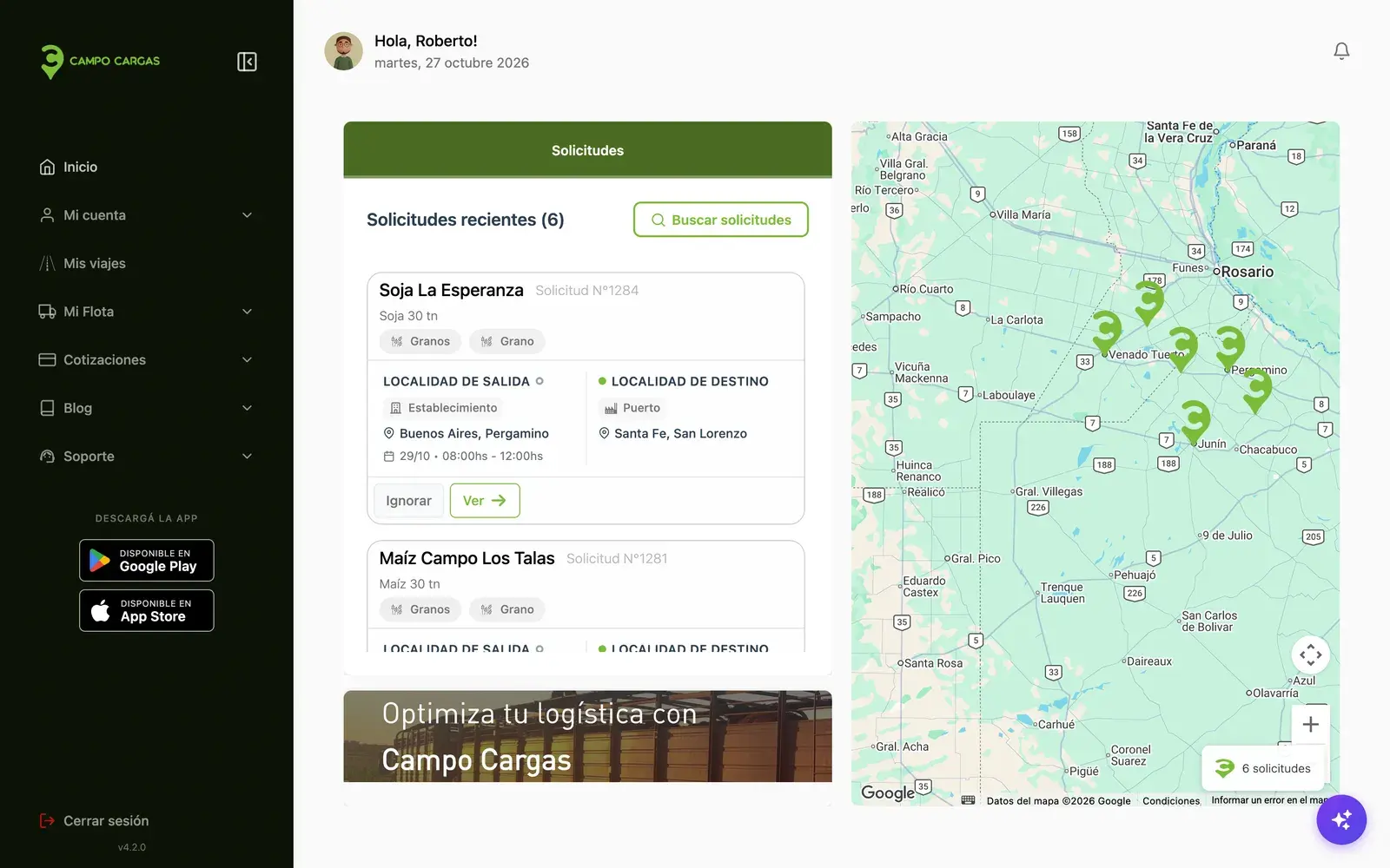 Inicio del transportista con las solicitudes de carga recientes y un mapa de la zona núcleo con sus ubicaciones
