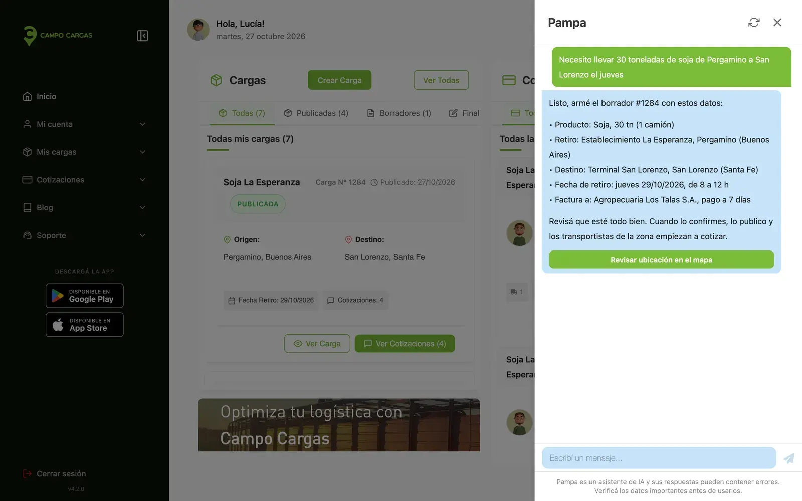 Chat con Pampa: el dador pide llevar 30 toneladas de soja de Pergamino a San Lorenzo y el asistente responde con el borrador de la carga armado