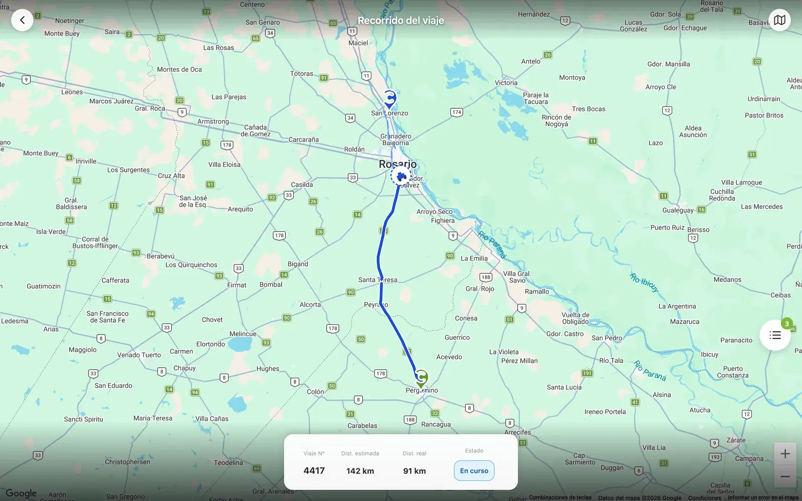 Campo Cargas: seguimiento de un viaje de Pergamino a San Lorenzo en el mapa, con la ruta recorrida, la distancia estimada y la real