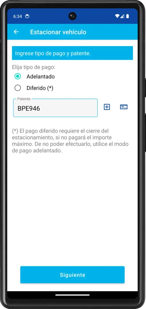 App Movil-TR: pantalla para estacionar un vehículo eligiendo pago adelantado o diferido