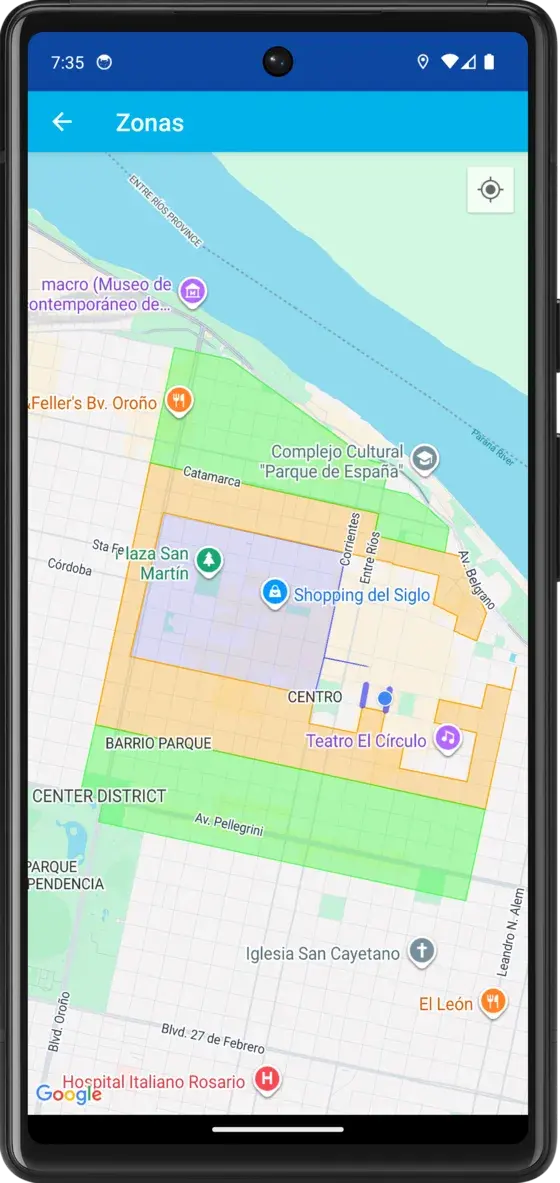 App Movil-TR: mapa de las zonas de estacionamiento medido de Rosario