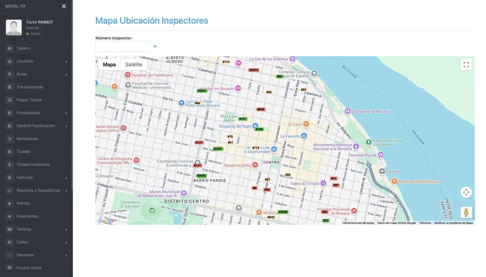 Backoffice de ParkIT con el mapa de Rosario y la ubicación de los inspectores