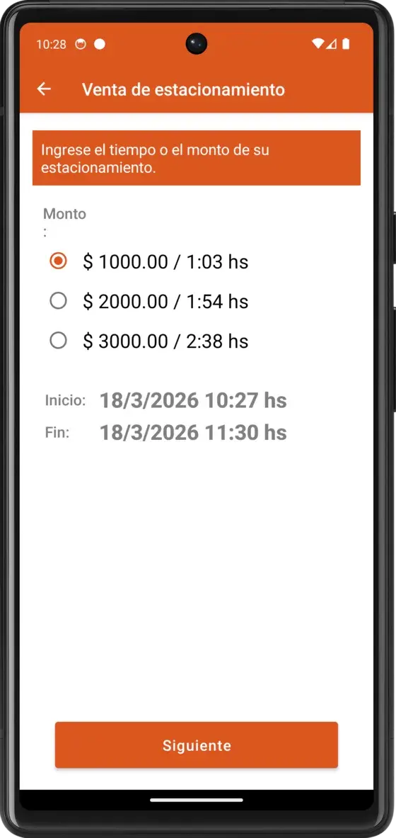 App de comercios: venta de estacionamiento con montos prefijados y la hora de fin de cada uno