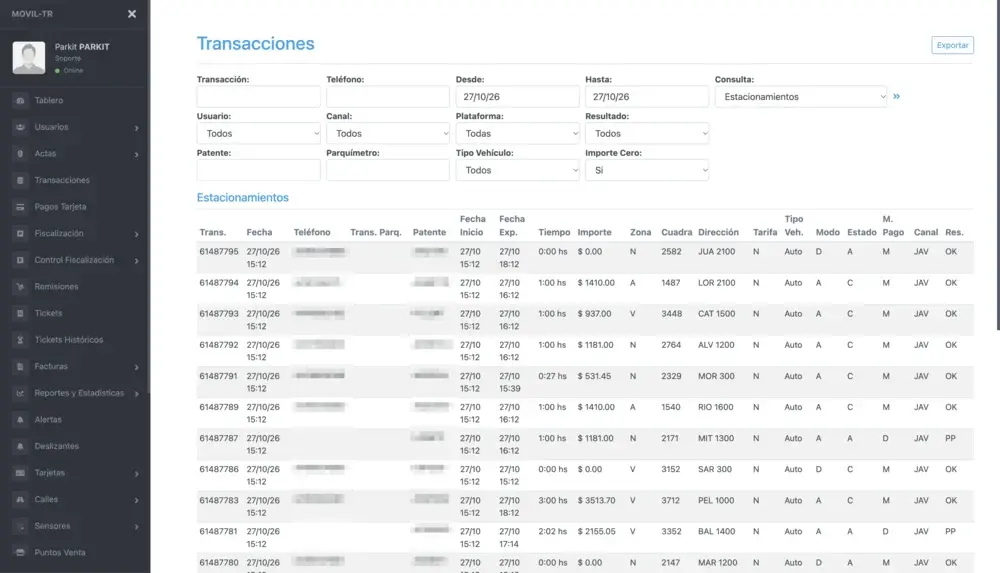 Backoffice: listado de transacciones de estacionamiento con filtros por canal, plataforma, patente y resultado; teléfonos y patentes ocultos